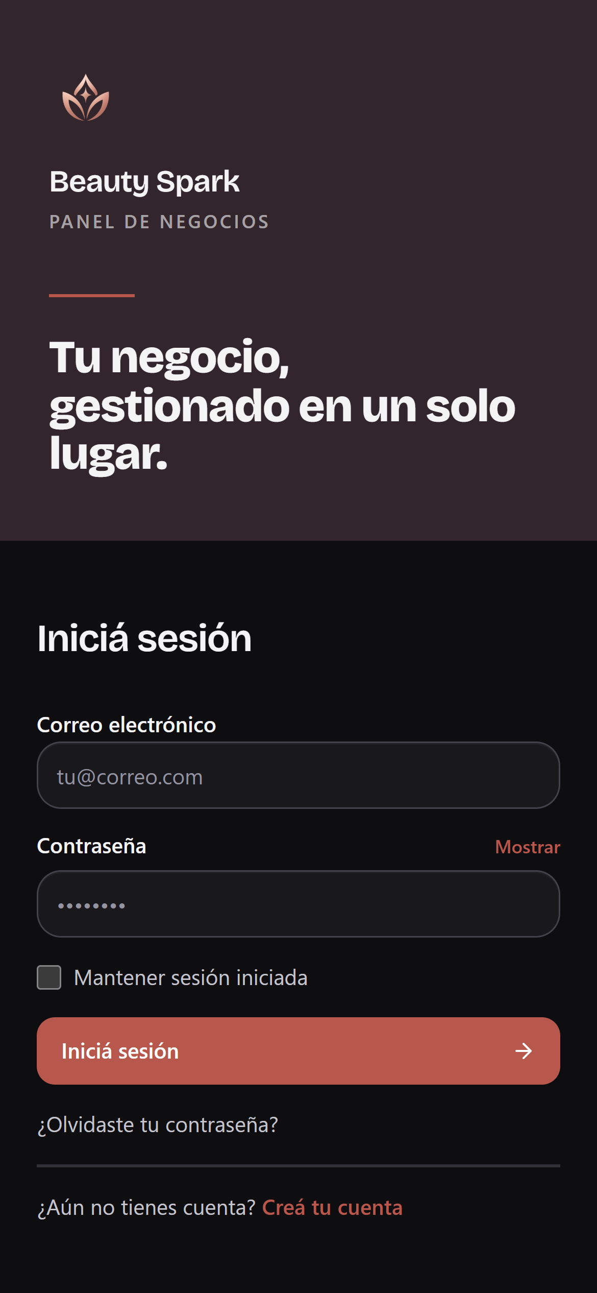 Pantalla de acceso al panel de BeautySpark en teléfono