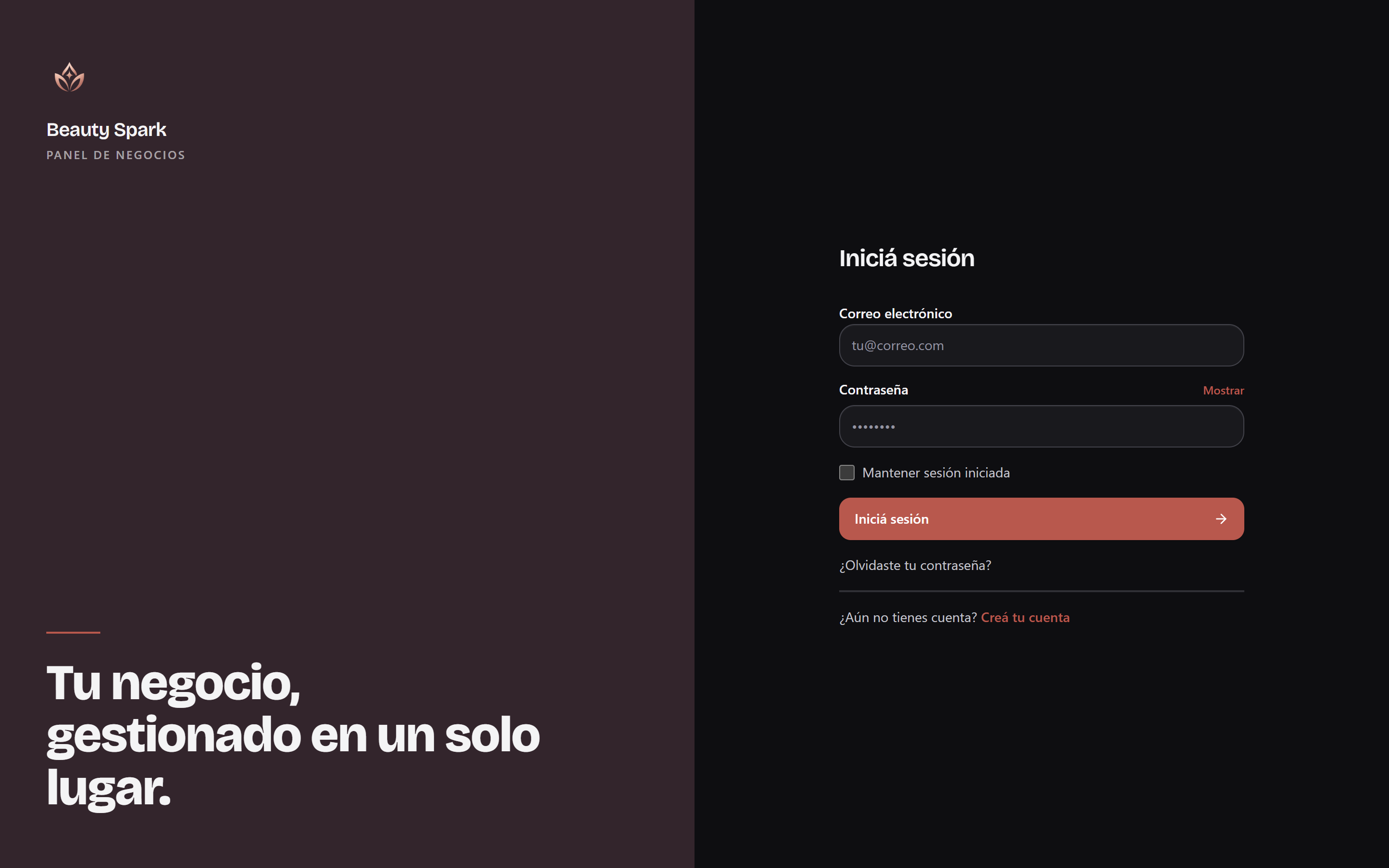 Pantalla de acceso al panel de BeautySpark
